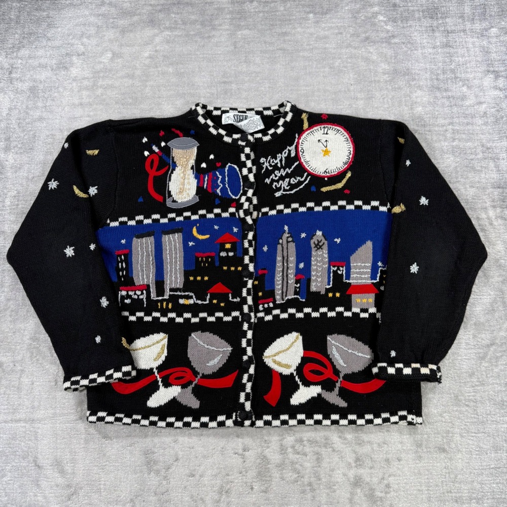New Years Eve Cardigan Womens Large Black Vintage Cityscape Ugly Sweater Party